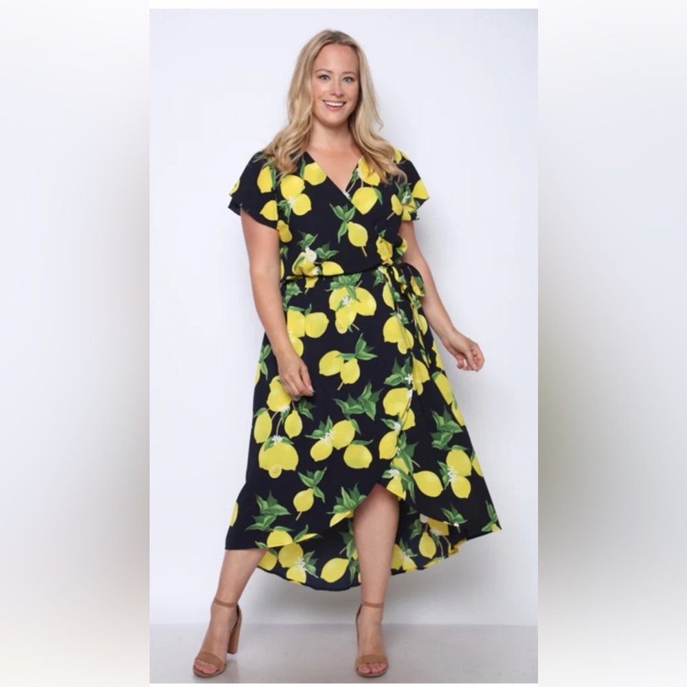 Chic Lemon Print Navy Midi Dress